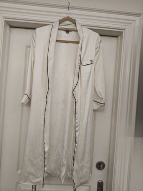 Women's White Satin Long Robe with Contrast Piping